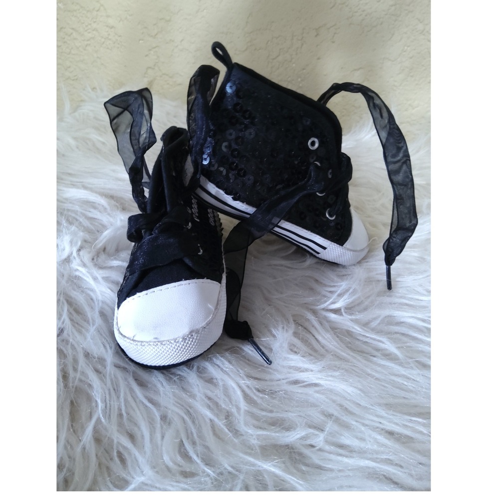 Stepping Stones Black Sequin High Top Crib Shoes Organza Laces 9-12M